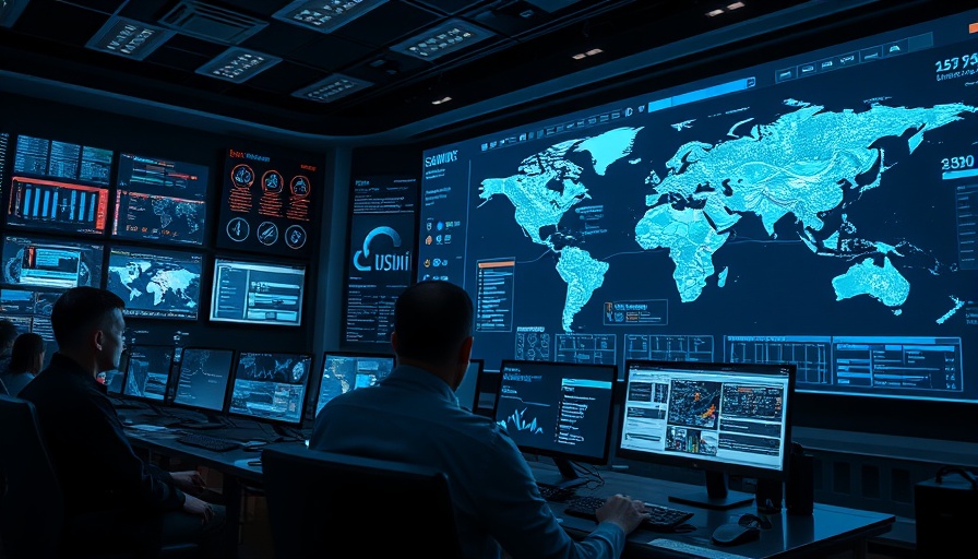 Futuristic AI-led Security Operations Center with digital displays
