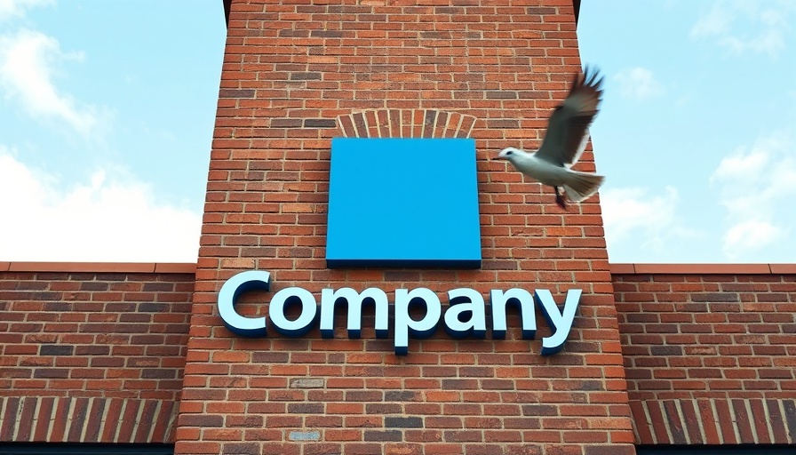 Blue company logo on building wall with bird above.