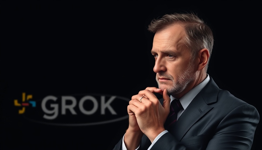 Thoughtful man in a suit with 'GROK' text and logo on black background.