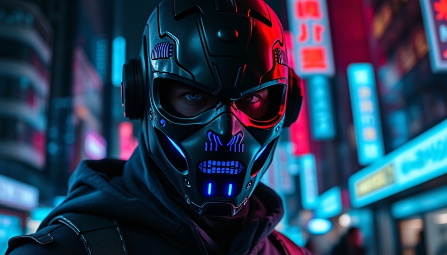 Futuristic mask highlights AI agents security risks in neon-lit city.