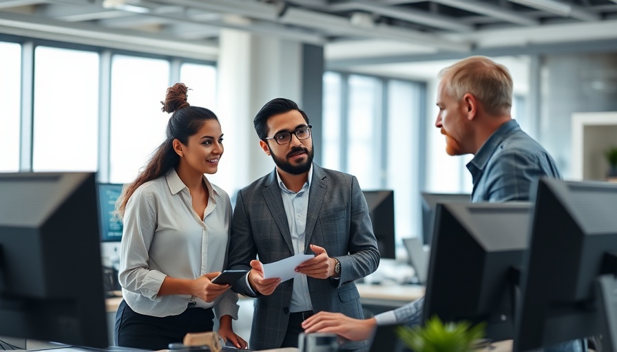 Focused professionals discussing agentic AI development in modern office.