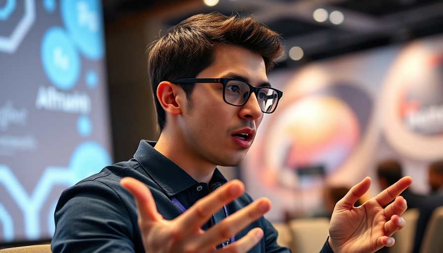 Young man discussing tech at conference with branded backdrop.