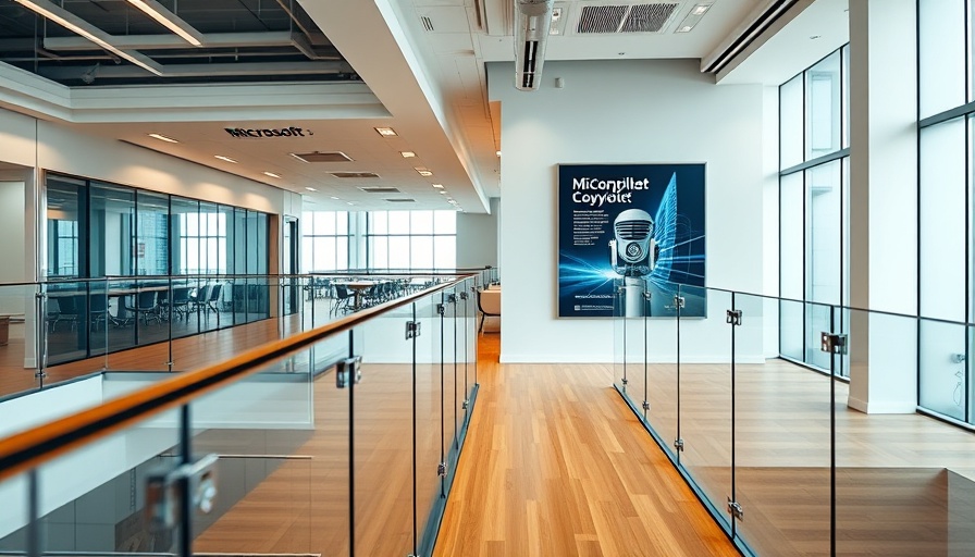 Microsoft office interior with Copilot AI ad and glass railings.