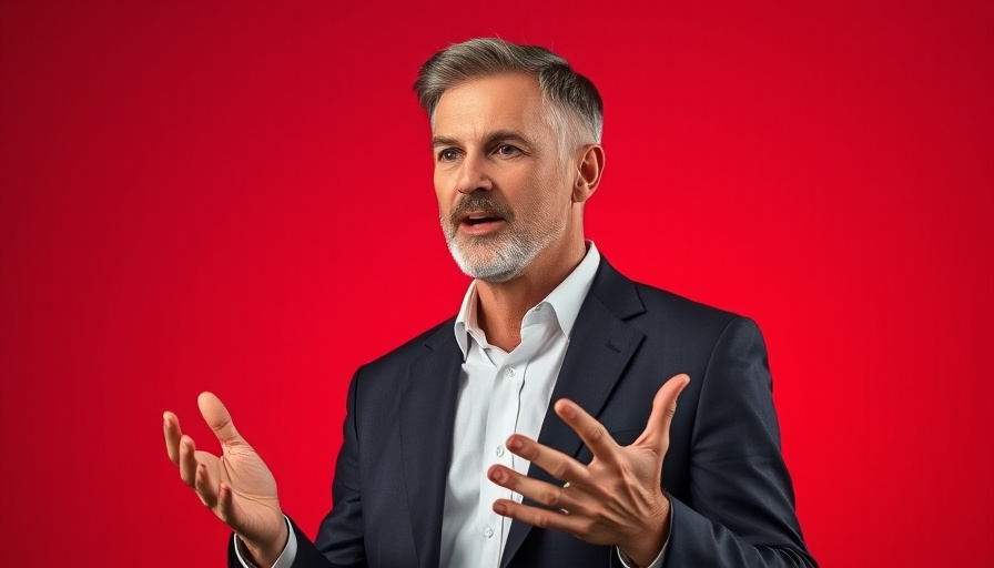 Confident man in discussion on agentic AI with red backdrop.