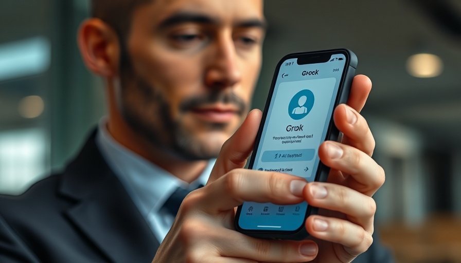 Grok 3 AI Assistant app on smartphone with individual in suit.