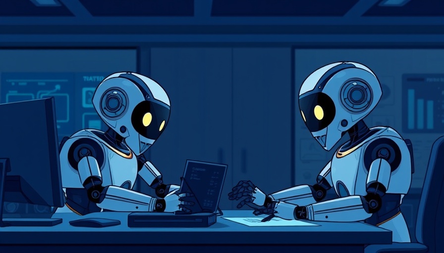 Cartoon robots working on Microsoft AI data at a desk.