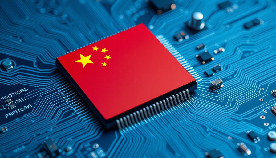 Microchip with Chinese flag on circuit board, symbolizing China's artificial intelligence boom.