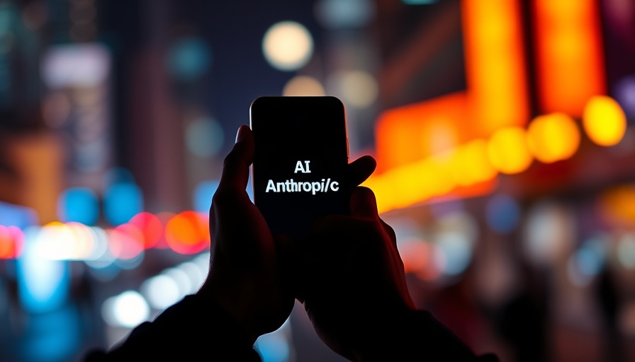 Smartphone displaying 'AI Anthrop|c' against city lights, Claude AI.