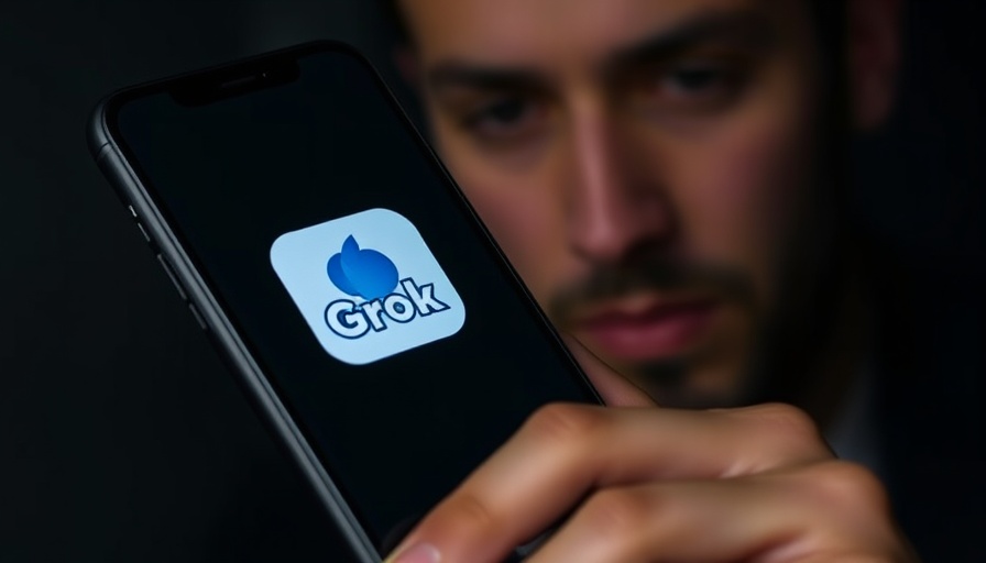 Elon Musk Grok logo on phone screen with blurred figure.