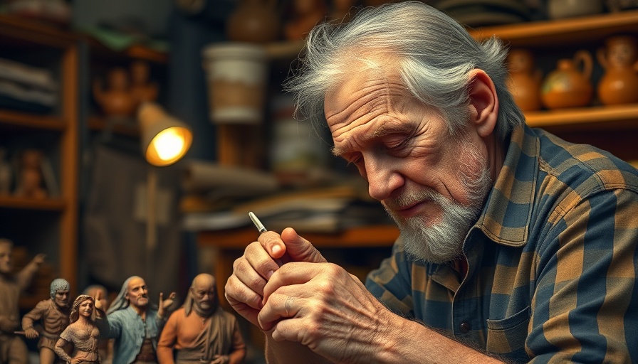 Elderly craftsman sculpting figurines in a workshop.