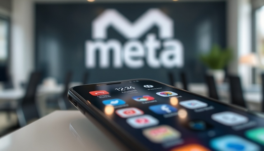 Smartphone showing Meta apps with logo background, modern tech.
