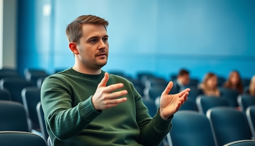 AI copyright concerns discussed at conference by young man in green sweater.