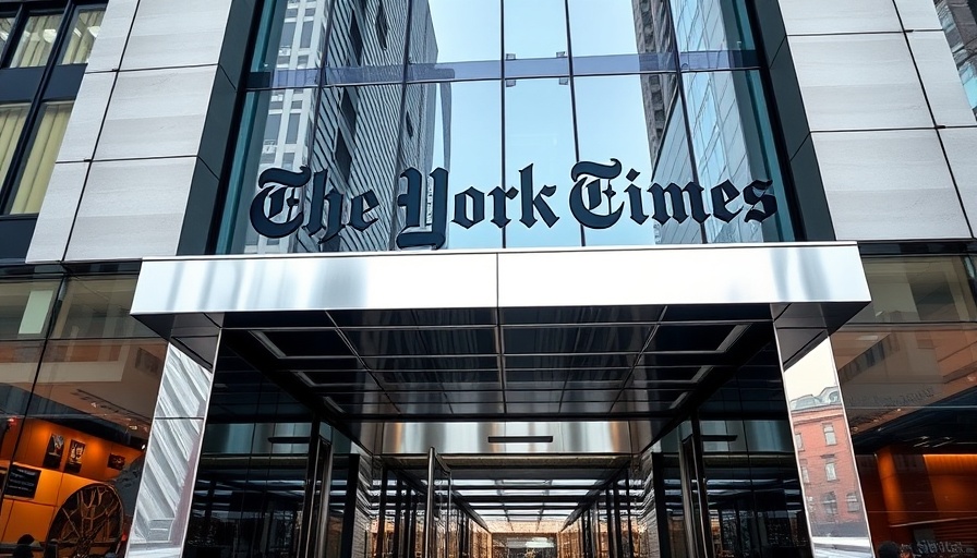 Entrance of The New York Times building reflecting city life, New York Times lawsuit against OpenAI.