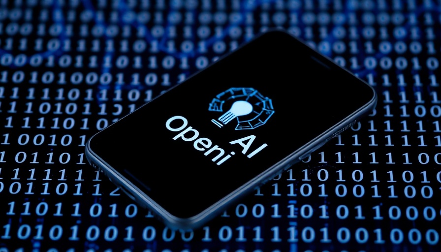 OpenAI logo on phone amid binary code, tech-legal theme.