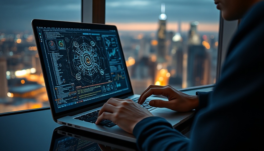 AI software growth depicted through a programmer coding in a city at night.