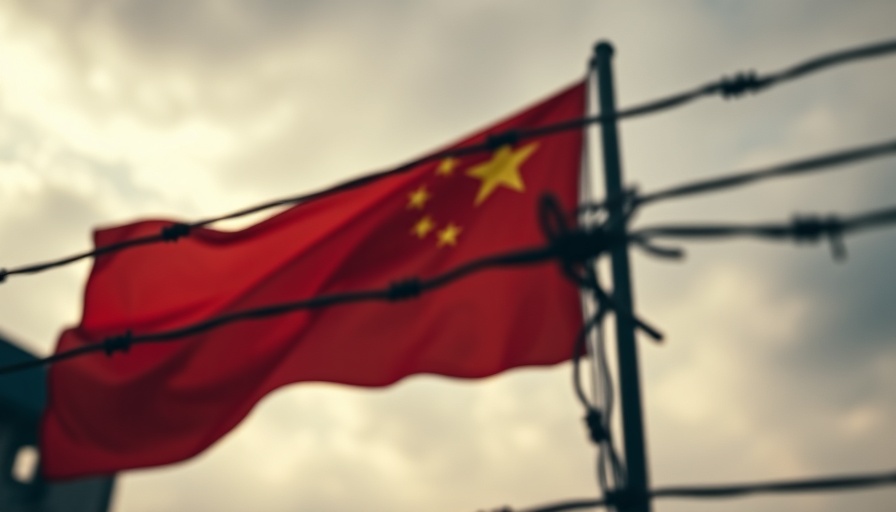 Chinese flag seen through barbed wire, symbolizing Chinese AI censorship machine.