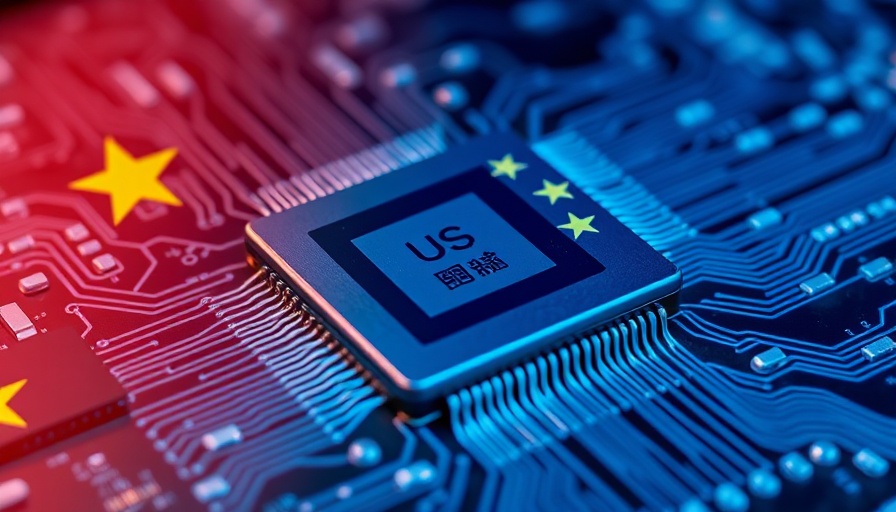 US trade restrictions on Chinese AI firms: microchip with US and Chinese flags.
