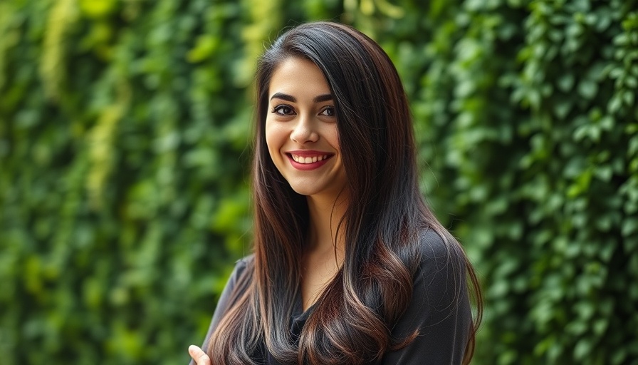 Confident woman posing with a backdrop of lush vertical garden.