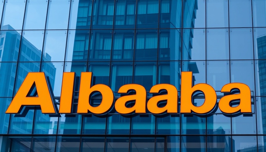 Large orange Alibaba logo on a glass building facade, showcasing urban reflections.