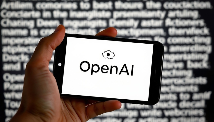 OpenAI logo on phone screen, legal text background.