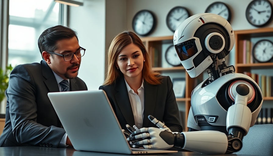 Professionals interact with humanoid AI at laptop in office, Microsoft 365 Copilot AI agents.