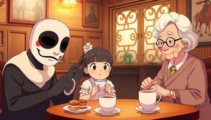 Whimsical Ghibli-inspired tea party scene with characters and pastries.