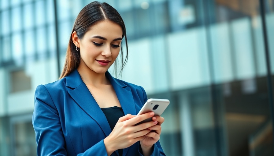 Professional woman with smartphone in modern office setting.