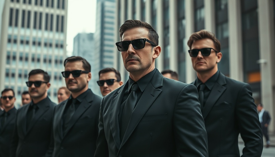 Agentic AI concept with men in black suits standing.