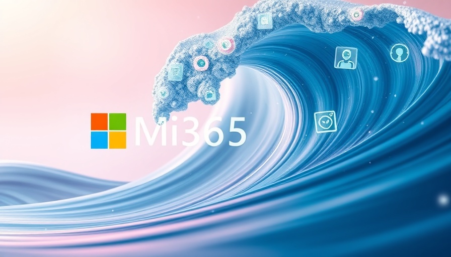 Microsoft AI Copilot digital wave with app icons and logo, soft glow.