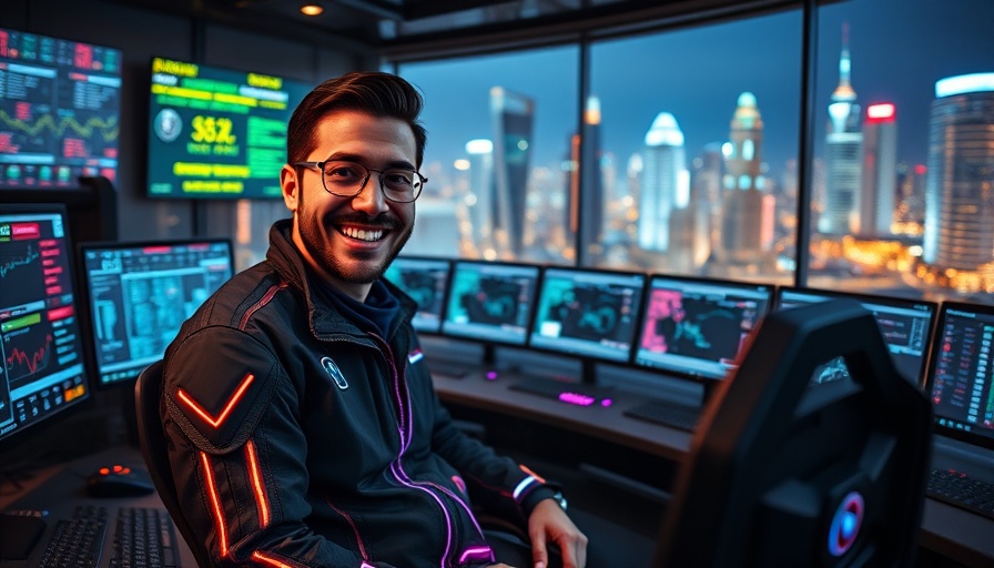 Futuristic tech expert with custom AI agents in neon-lit control room.
