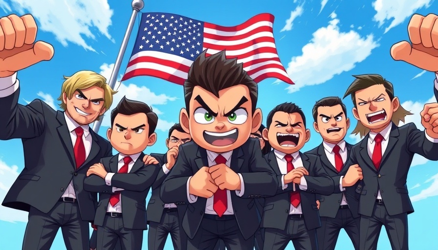 Animated group with American flag, intense expressions, trending ai news.