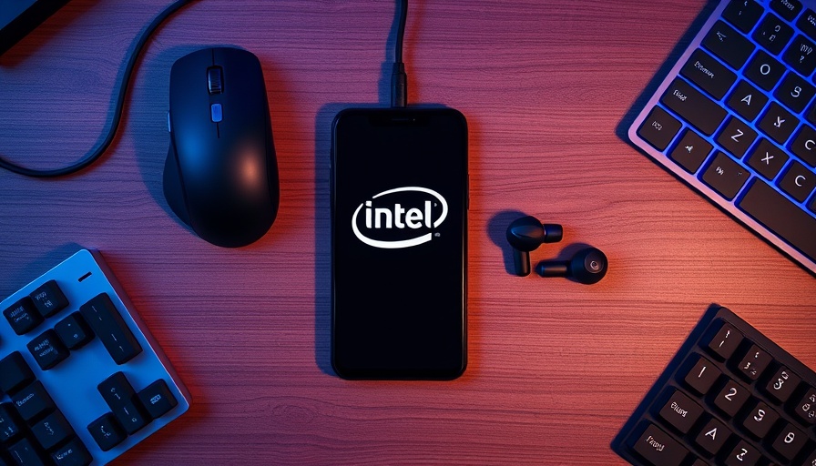 Intel logo on smartphone with computer accessories in blue light, Intel Stock Recovery.