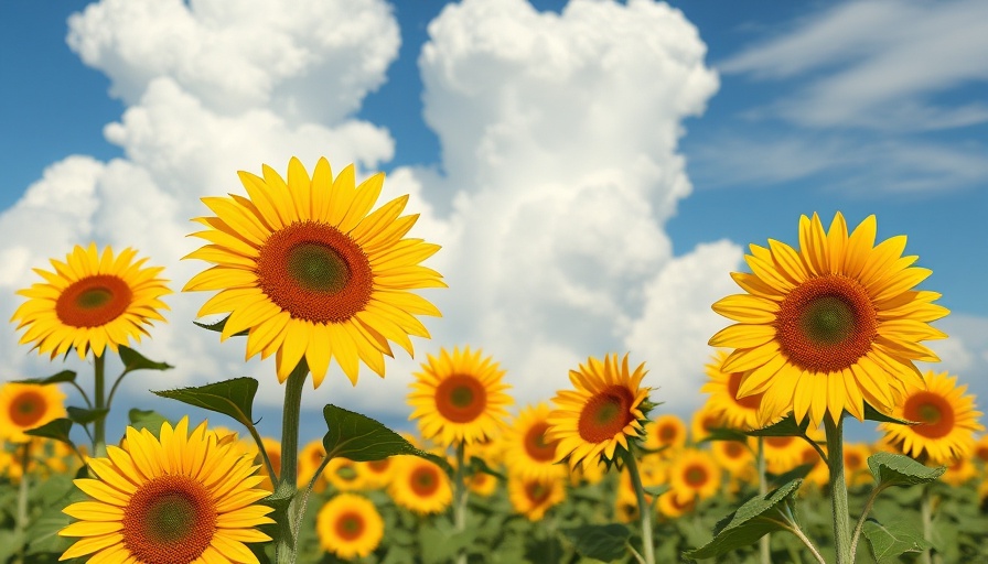 Cartoon sunflowers under large clouds, vibrant scenery.