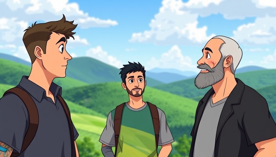 Cartoon men in conversation against scenic backdrop - AI news.
