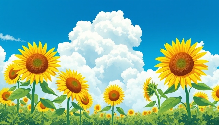 Studio Ghibli AI Art landscape with sunflowers and clouds.