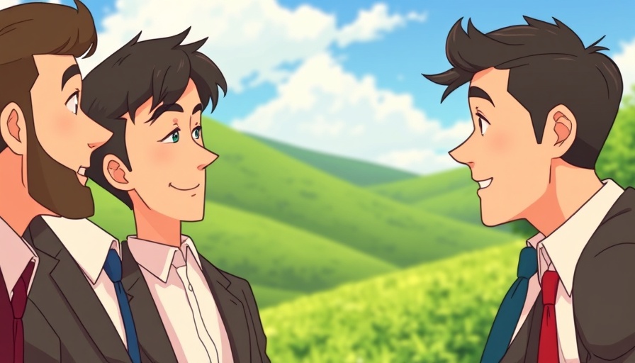 Ghibli-style animated men in suits talking outdoors, created with OpenAI image generation tool.