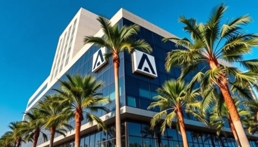 Adobe building exterior with palm trees and blue sky, AI agents.