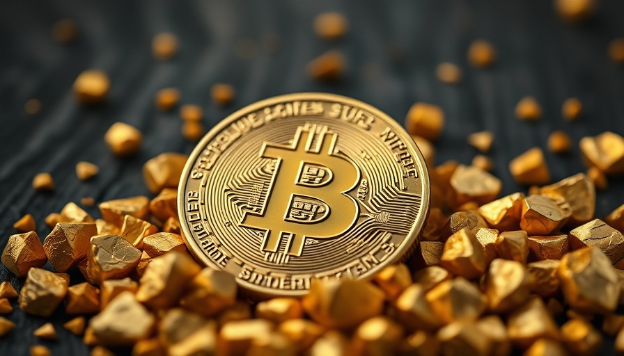 Bitcoin coin amidst gold nuggets, resembling digital treasure.
