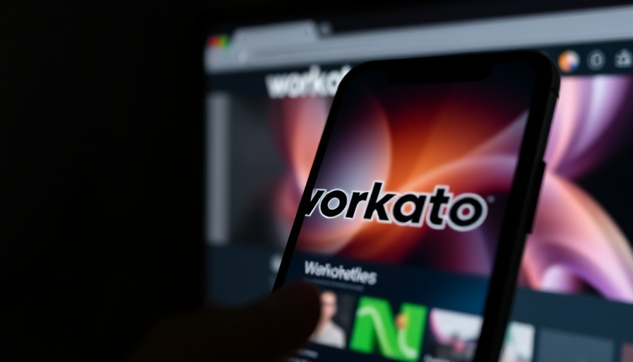 Smartphone displaying Workato logo with website in background, agentic AI.