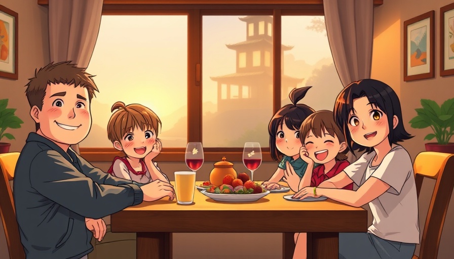 Ghibli-style AI portraits of a cheerful animated group at a dining table.