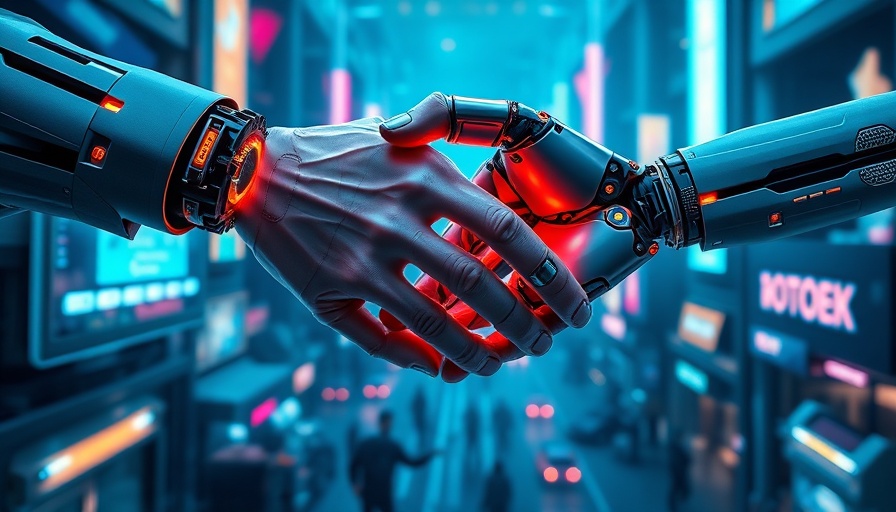 Human and AI agent handshake in futuristic cityscape, symbolizing synergy.