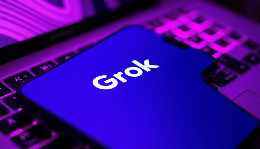 Close-up of Grok logo on phone over vibrant keyboard.