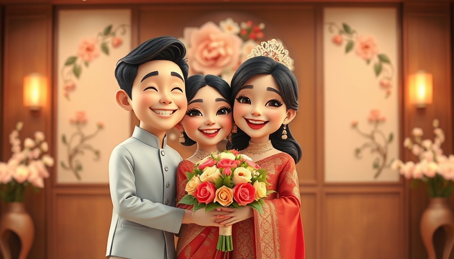 Charming group in traditional attire holding a bouquet, Pixar style.