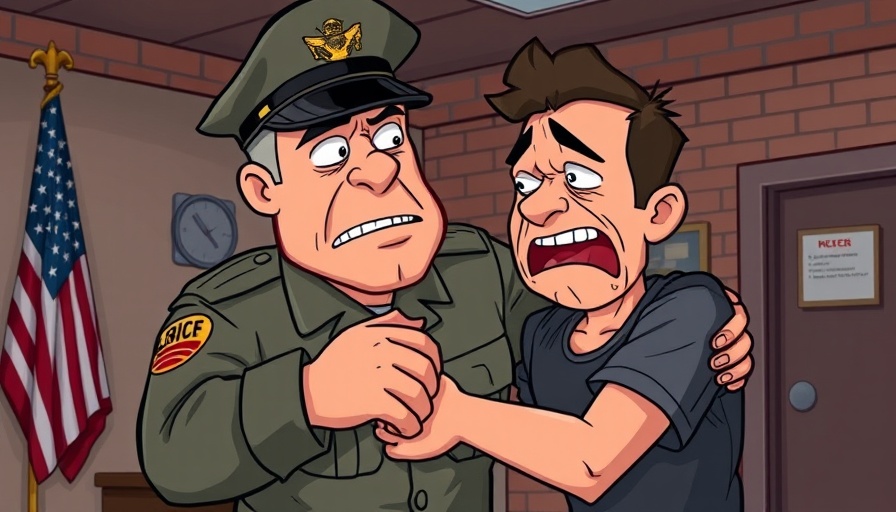 Cartoon of officer arresting crying person in front of USA flag, trending AI news