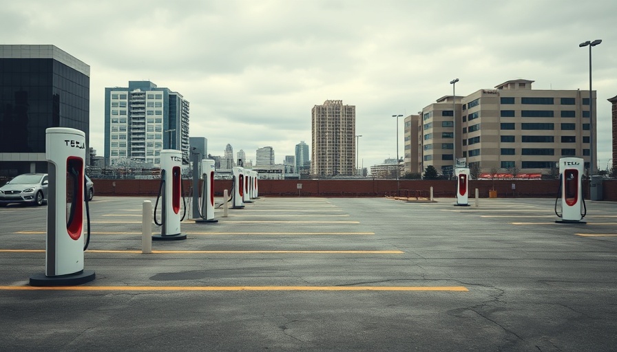 Empty Tesla chargers in a parking lot, economic uncertainty.