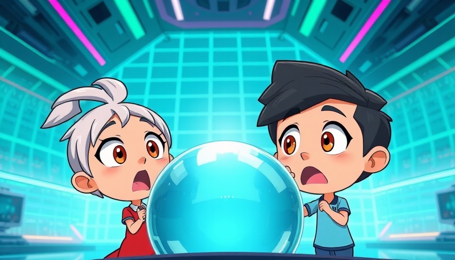 Animated duo engaging with digital sphere in neon grid.