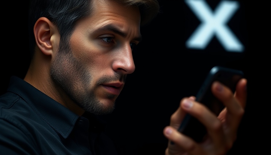 Thoughtful man discussing AI trends with X logo in background.