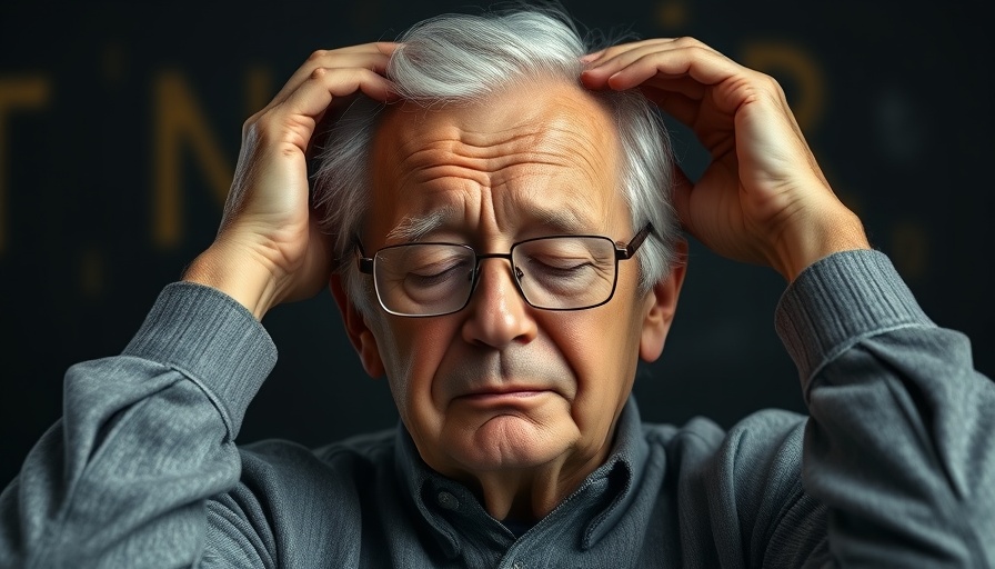 Elderly man concentrating, hands on head, thoughtful expression.