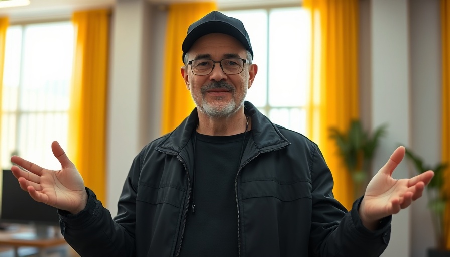 Person in black jacket and cap gesturing confidently in office.