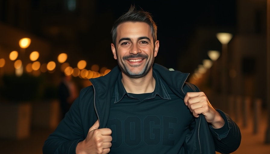 Confident man smiling in DOGE shirt, jacket open, night setting.